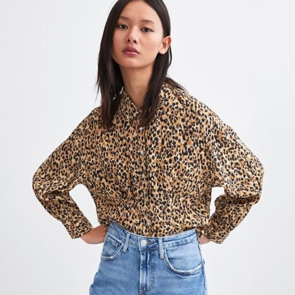Zara Brown Leopard Print Long‎ Sleeve Button Down XS